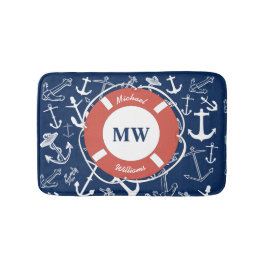 Nautical Monogram Navy Blue Anchor Pattern Badmat