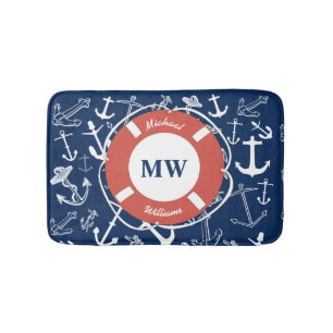 Nautical Monogram Navy Blue Anchor Pattern Badmat