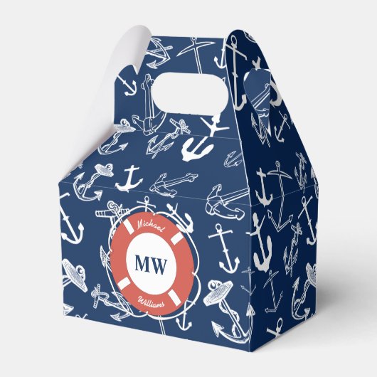 Nautical Monogram Navy Blue Anchor Pattern Bedankdoosjes (Achterkant)