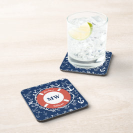 Nautical Monogram Navy Blue Anchor Pattern Bier Onderzetter