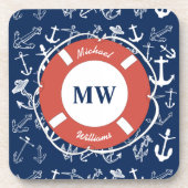 Nautical Monogram Navy Blue Anchor Pattern Bier Onderzetter (Voorkant)