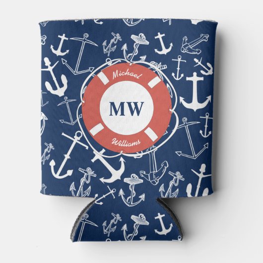 Nautical Monogram Navy Blue Anchor Pattern Blikjeskoeler (Voorkant)