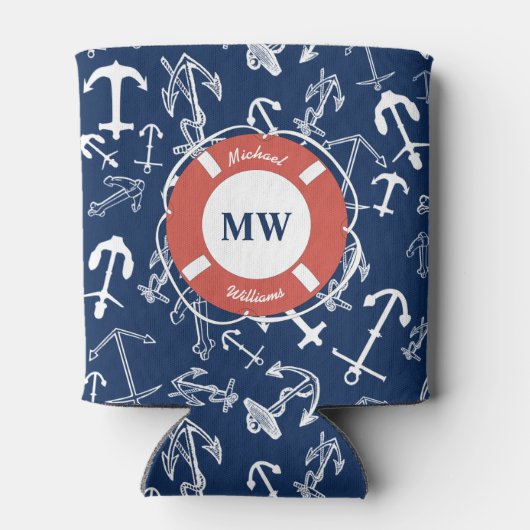 Nautical Monogram Navy Blue Anchor Pattern Blikjeskoeler (Achterkant)
