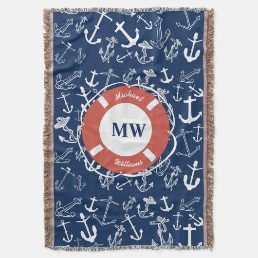 Nautical Monogram Navy Blue Anchor Pattern Deken (Voorkant Verticaal)