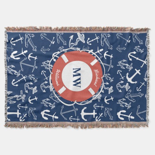 Nautical Monogram Navy Blue Anchor Pattern Deken (Voorkant)