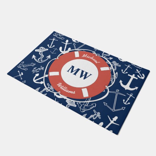 Nautical Monogram Navy Blue Anchor Pattern Deurmat (Schuin)