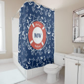 Nautical Monogram Navy Blue Anchor Pattern Douchegordijn (In situ)