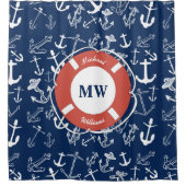 Nautical Monogram Navy Blue Anchor Pattern Douchegordijn (Voorkant)