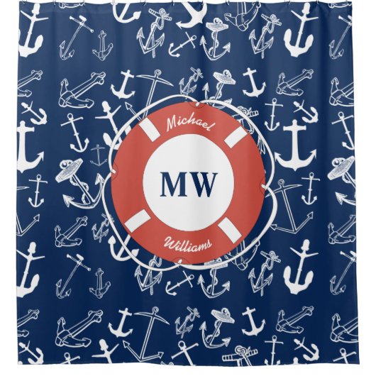 Nautical Monogram Navy Blue Anchor Pattern Douchegordijn (Voorkant)