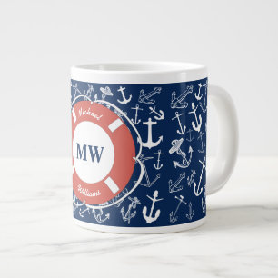 Nautical Monogram Navy Blue Anchor Pattern Grote Koffiekop