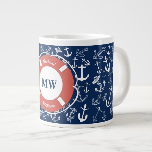 Nautical Monogram Navy Blue Anchor Pattern Grote Koffiekop (Voorkant rechts)