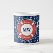 Nautical Monogram Navy Blue Anchor Pattern Grote Koffiekop (Voorkant)