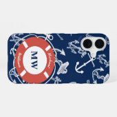 Nautical Monogram Navy Blue Anchor Pattern iPhone 16 Hoesje (Achterkant horizontaal)