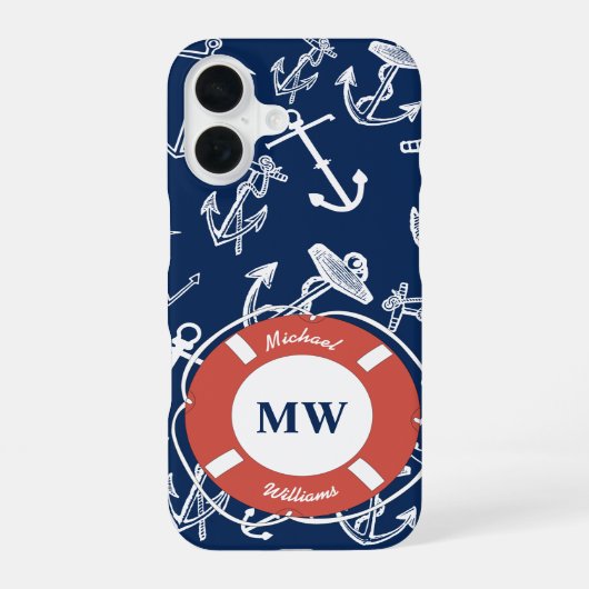 Nautical Monogram Navy Blue Anchor Pattern iPhone 16 Hoesje (Achterkant)