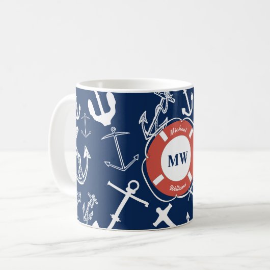 Nautical Monogram Navy Blue Anchor Pattern Koffiemok (Voorkant links)
