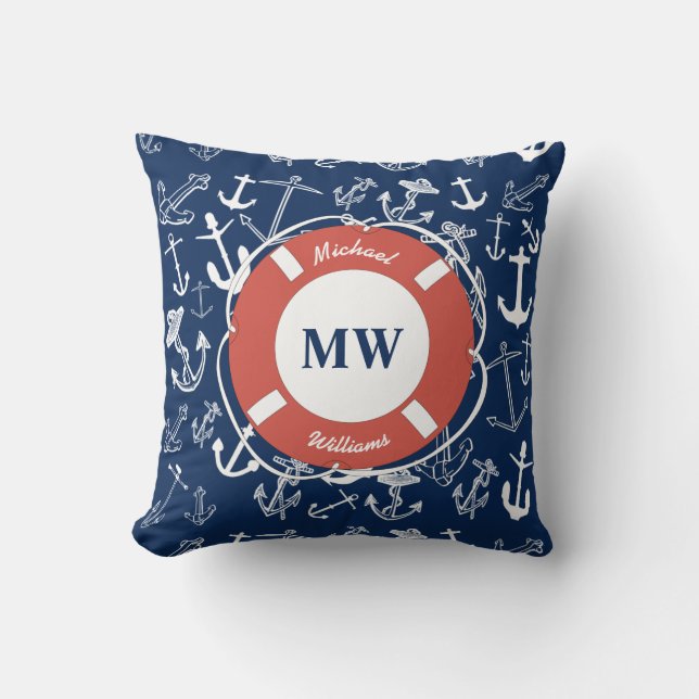 Nautical Monogram Navy Blue Anchor Pattern Kussen (Voorkant)