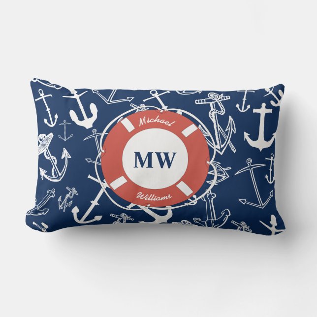 Nautical Monogram Navy Blue Anchor Pattern Kussen (Voorkant)
