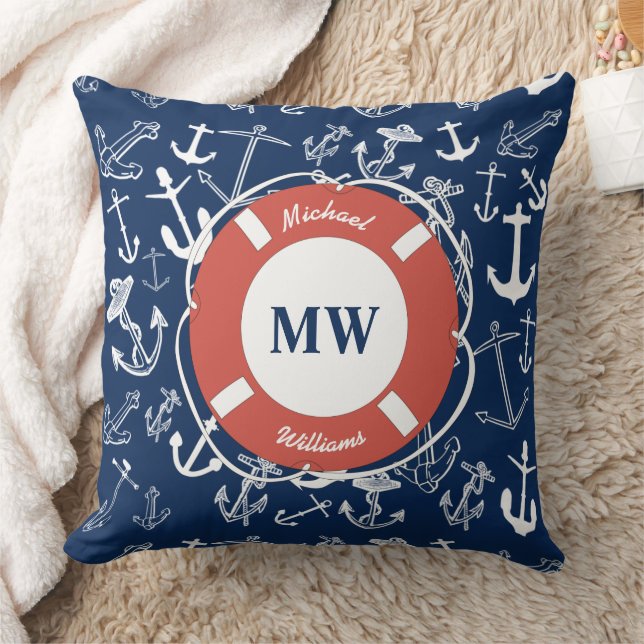 Nautical Monogram Navy Blue Anchor Pattern Kussen (Deken)
