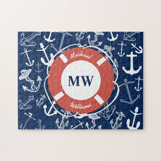 Nautical Monogram Navy Blue Anchor Pattern Legpuzzel (Horizontaal)
