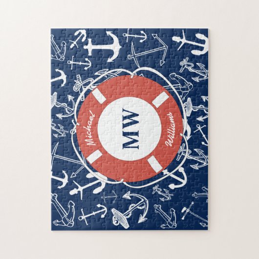 Nautical Monogram Navy Blue Anchor Pattern Legpuzzel (Verticaal)