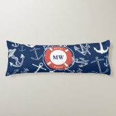 Nautical Monogram Navy Blue Anchor Pattern Lichaamskussen (Voorkant)