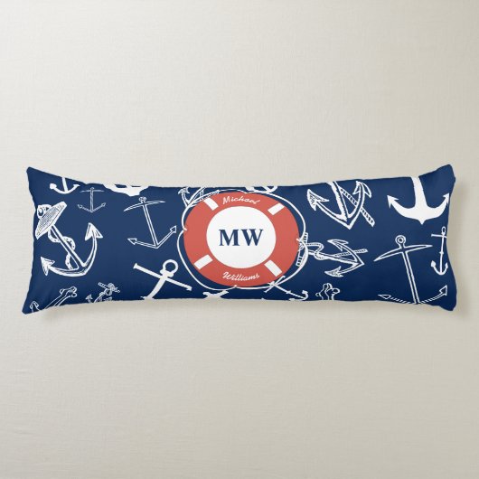 Nautical Monogram Navy Blue Anchor Pattern Lichaamskussen (Voorkant)