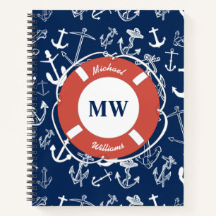 Nautical Monogram Navy Blue Anchor Pattern Notitieboek