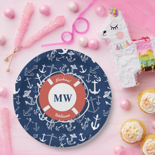 Nautical Monogram Navy Blue Anchor Pattern Papieren Bordje (Feest)