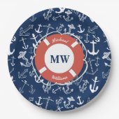Nautical Monogram Navy Blue Anchor Pattern Papieren Bordje (Voorkant)