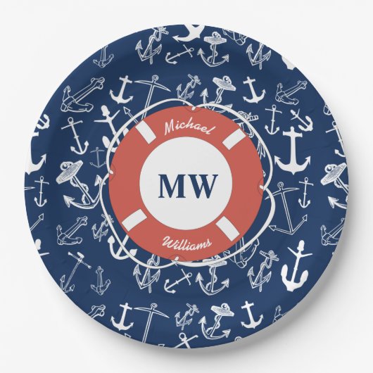 Nautical Monogram Navy Blue Anchor Pattern Papieren Bordje (Voorkant)