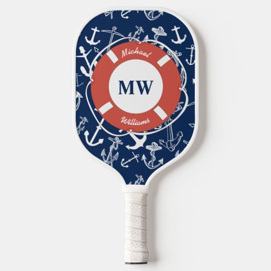Nautical Monogram Navy Blue Anchor Pattern Pickleball Paddle (Voorkant)