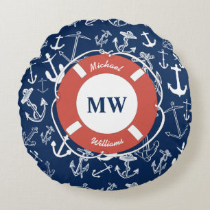 Nautical Monogram Navy Blue Anchor Pattern Rond Kussen