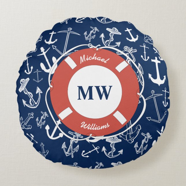 Nautical Monogram Navy Blue Anchor Pattern Rond Kussen (Voorkant)
