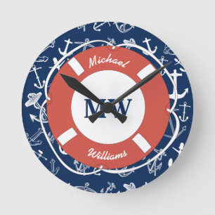 Nautical Monogram Navy Blue Anchor Pattern Ronde Klok