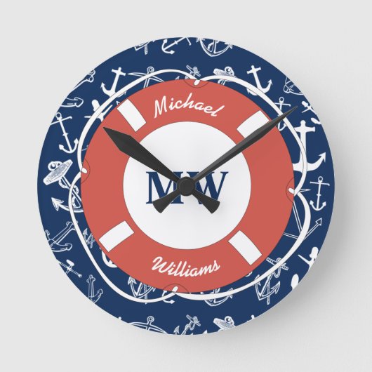 Nautical Monogram Navy Blue Anchor Pattern Ronde Klok (Voorkant)