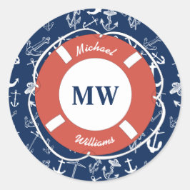 Nautical Monogram Navy Blue Anchor Pattern Ronde Sticker