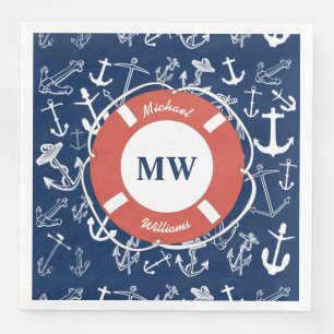 Nautical Monogram Navy Blue Anchor Pattern Servet