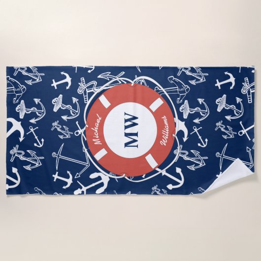 Nautical Monogram Navy Blue Anchor Pattern Strandlaken (Voorkant)