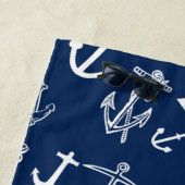Nautical Monogram Navy Blue Anchor Pattern Strandlaken (In situ)