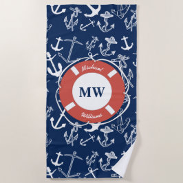 Nautical Monogram Navy Blue Anchor Pattern Strandlaken
