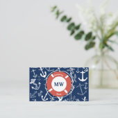 Nautical Monogram Navy Blue Anchor Pattern Visitekaartje (Staand voorkant)