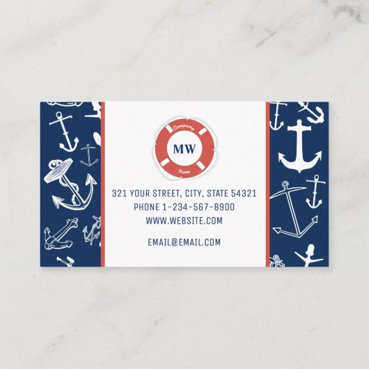 Nautical Monogram Navy Blue Anchor Pattern Visitekaartje (Achterkant)