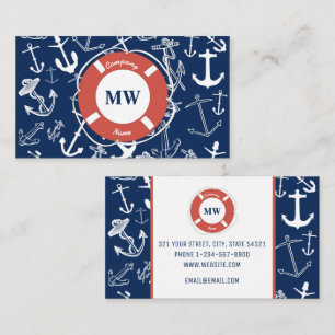 Nautical Monogram Navy Blue Anchor Pattern Visitekaartje