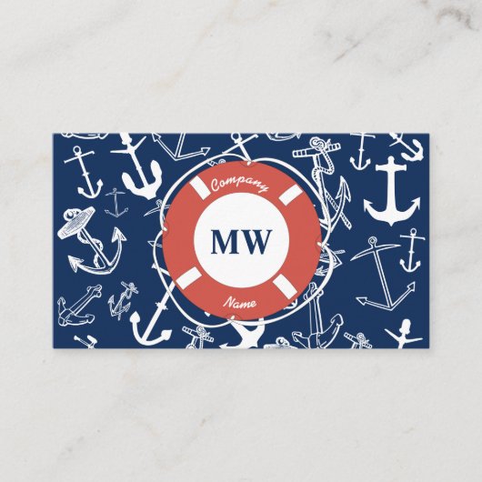 Nautical Monogram Navy Blue Anchor Pattern Visitekaartje (Voorkant)