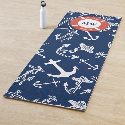 Nautical Monogram Navy Blue Anchor Pattern Yogamat (In situ)