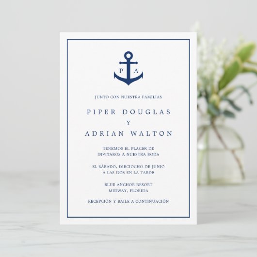 Nautical Monogram Navy Blue Anchor Spain Wedding Kaart (Staand voorkant)
