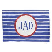 Nautical Monogram Navy Blue Striped Waterverf Kussensloop (Voorkant-Links)