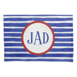 Nautical Monogram Navy Blue Striped Waterverf Kussensloop