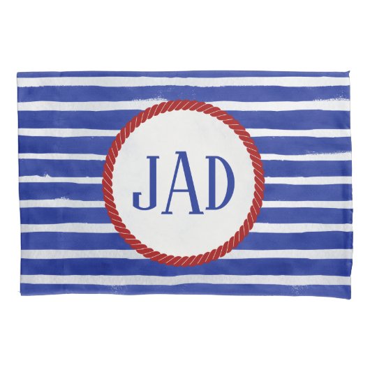 Nautical Monogram Navy Blue Striped Waterverf Kussensloop (Voorkant-Links)