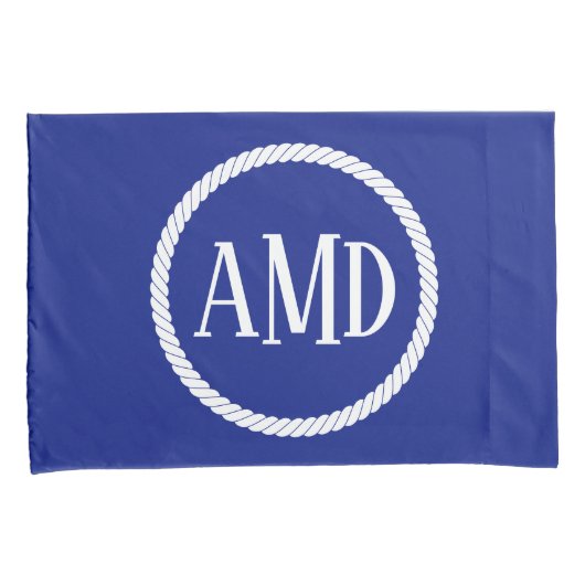 Nautical Monogram Navy Blue White Rope Circle Kussensloop (Voorkant-Rechts)